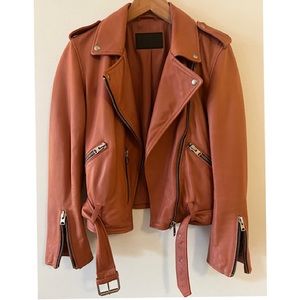 AllSaints Burnt Coral Leather Moto Jacket, Size 6 US